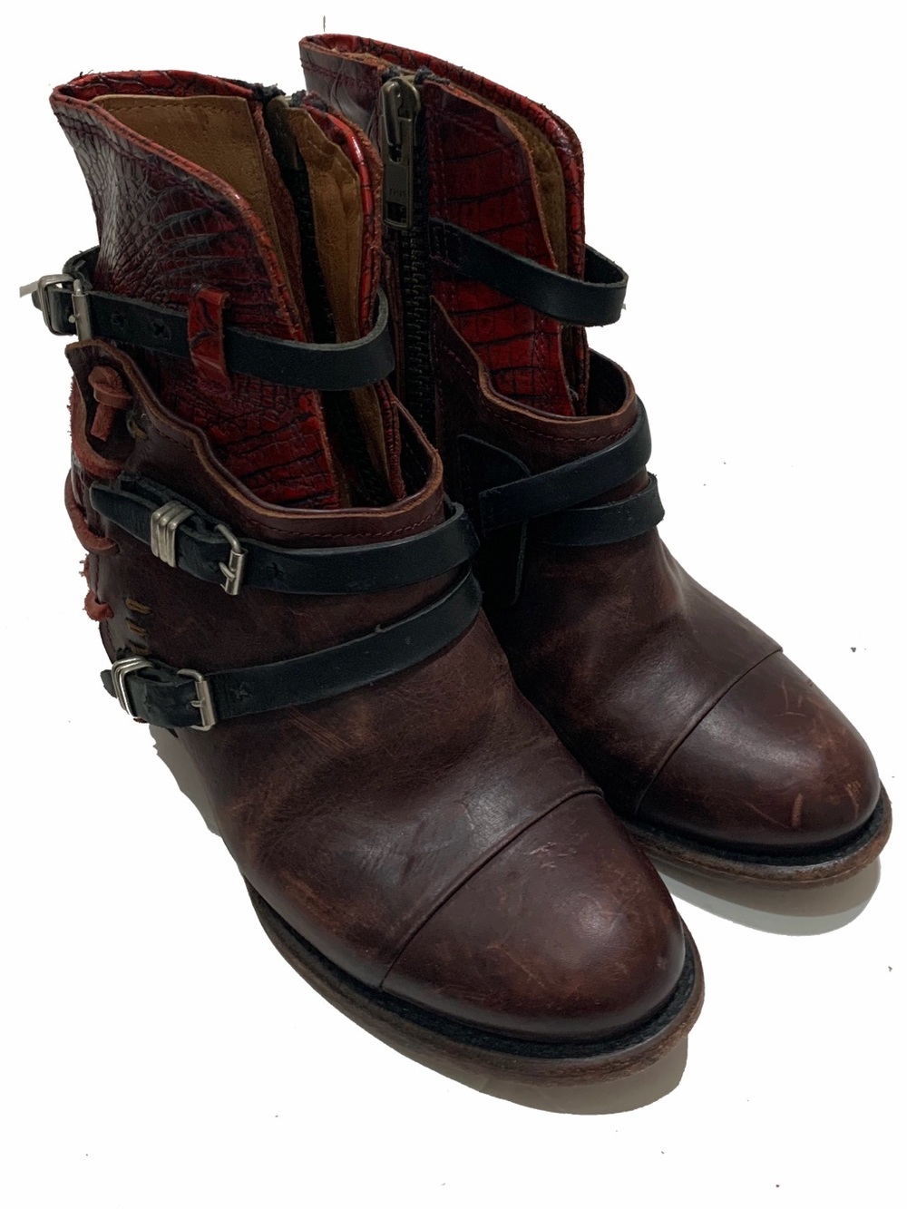 freebird Burgundy and Black Leather Ankle Boots with Buckle Straps
